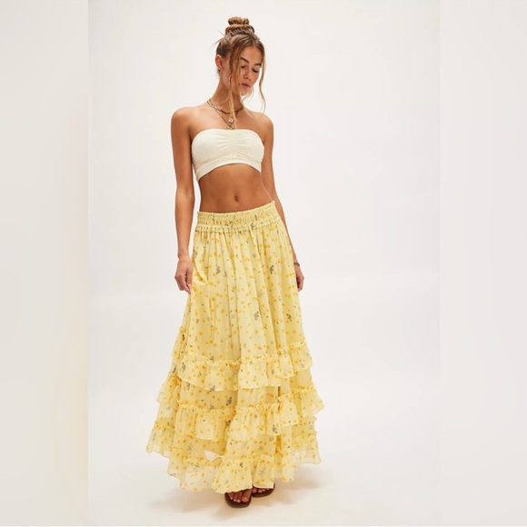 NWOT Free People Morning Mist Maxi Skirt Set- Sweet Yellow Combo - Picture 4 of 11